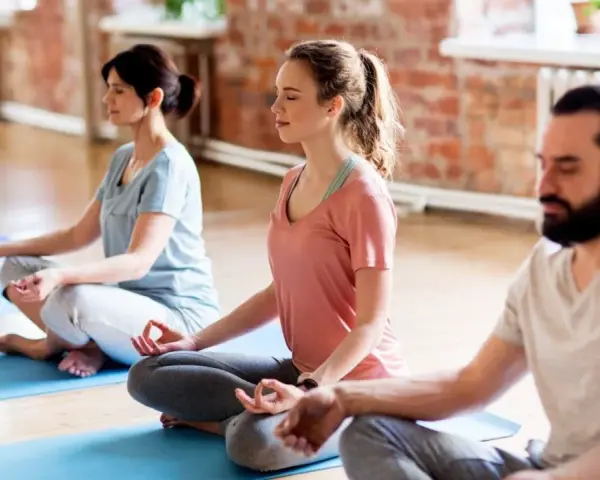 Menschen in einem Yogastudio praktizieren Stress-Meditation, sitzen im Lotussitz auf Matten und schließen die Augen.