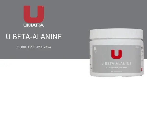 En burk U BETA-ALANINE från UMARA. Denna produkt är designad för att ge en buffrande beta alanin effekt.
