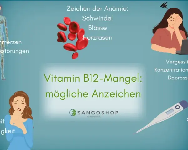 Frau mit Müdigkeit, Antriebslosigkeit, Nervenschmerzen, Vergesslichkeit, Konzentrationsproblemen, Depressionen, Schwindel, Blässe, Herzrasen und Infektanfälligkeit – mögliche Anzeichen eines B12-Mangels.