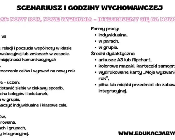 Scenariusz godziny wychowawczej dla klasy 4: "Nowy rok, nowe wyzwania – integrujemy się na nowo". Cele to wzmacnianie relacji, komunikacji i współpracy.