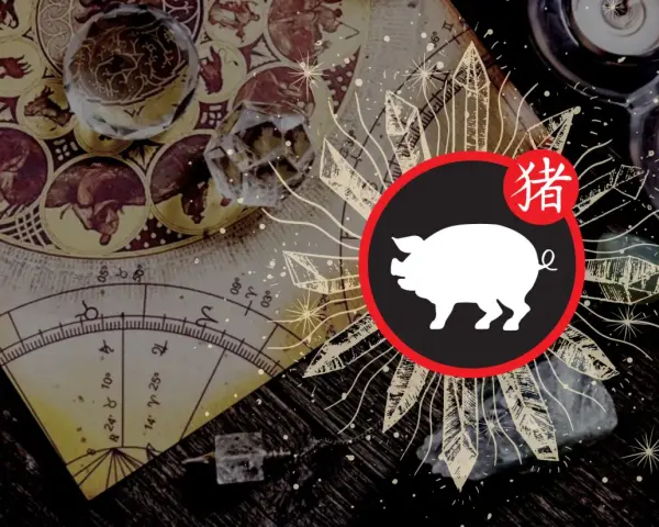 Chiński znak zodiaku 2008, symbol świni, na tle astrologicznej mapy i kryształów.