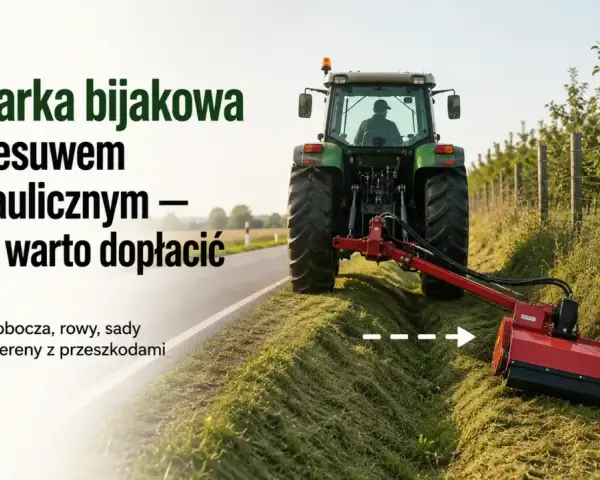 Traktor z kosiarką bijakową z przesuwem hydraulicznym, idealny dla producenta kosiarek do pracy przy poboczach, rowach i sadach.