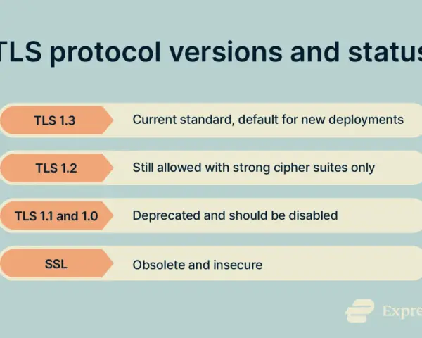 Infographic showing TLS protocol versions and status, highlighting TLS 1.3 as the current standard for a secure TLS upgrade.