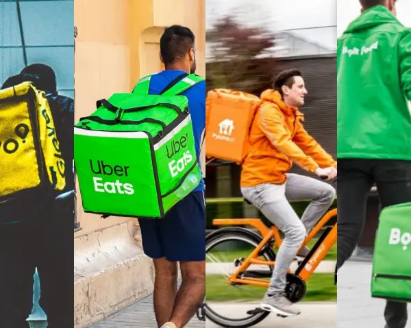 Kurierzy Glovo, Uber Eats i Bolt Food z torbami na jedzenie. Wybór należy do Ciebie: Glovo czy Uber Eats?