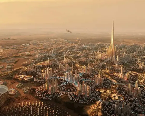 Futurystyczne miasto z dominującą, lśniącą rise tower. Latające pojazdy i okrągłe struktury na pustynnym krajobrazie.