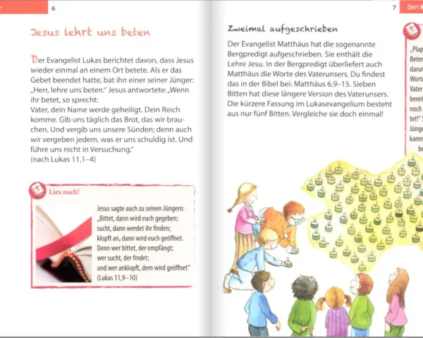 Kinder lernen das Vaterunser mit Bewegungen und Kerzen. Jesus lehrt uns beten, wie im Evangelium beschrieben.