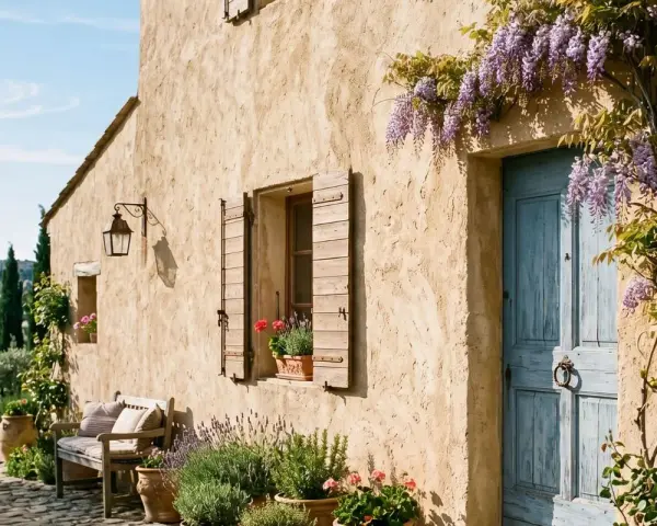 Maison de campagne avec enduit à la chaux extérieur, porte bleue, volets en bois, banc et lavande.