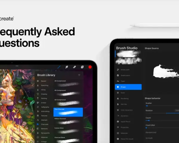 Jaki iPad do Procreate? Na ekranie widać aplikację Procreate z biblioteką pędzli i ustawieniami Brush Studio. Idealny do cyfrowego malarstwa.