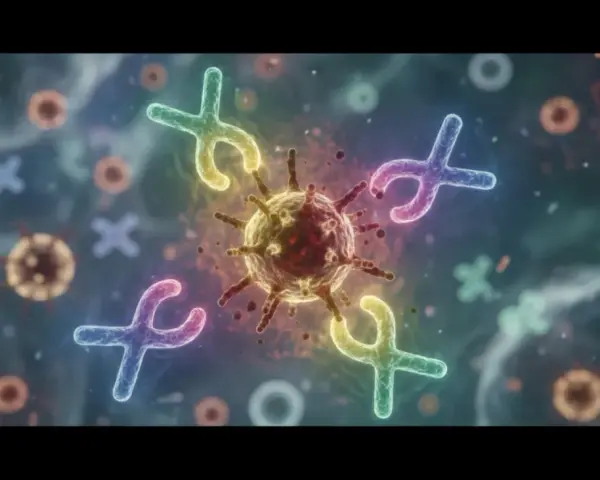 Kolorowe, stylizowane na chromosomy kształty otaczają wirusa. Ana walczy z chorobą.