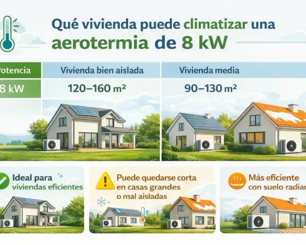 Guía de cálculo aerotermia: una unidad de 8 kW climatiza viviendas bien aisladas (120-160 m²) o medianas (90-130 m²). Ideal para casas eficientes.