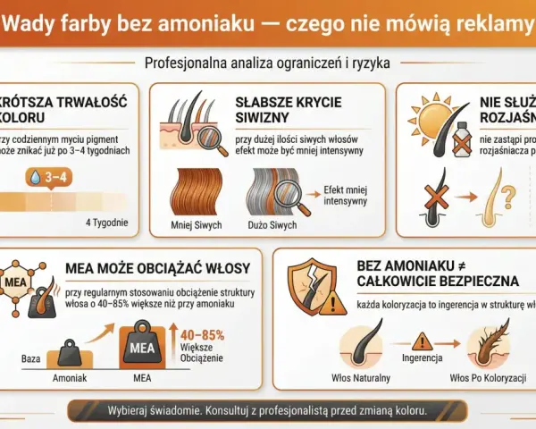 Wady farb bez amoniaku: krótsza trwałość koloru, słabsze krycie siwizny, nie służą do rozjaśniania, MEA obciąża włosy. MEA to nie to samo co amoniak.