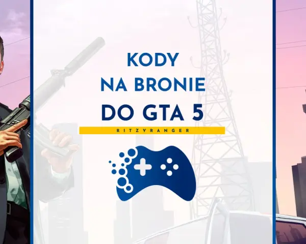 Michael z GTA 5 trzyma broń, a obok widnieje napis "Kody na bronie do GTA 5".
