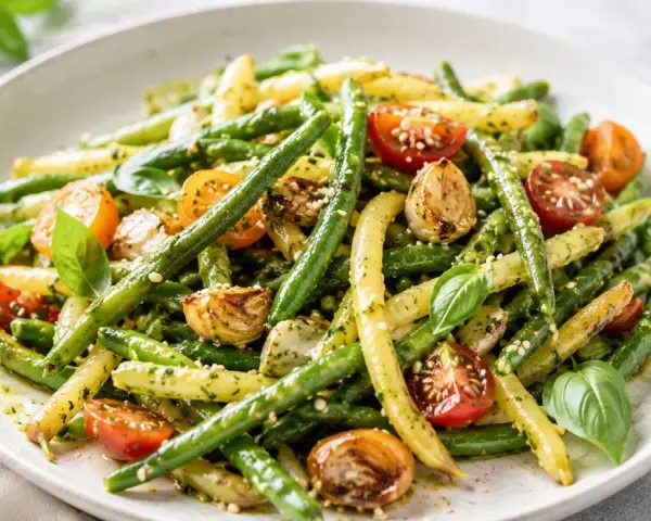 Kolorowe dania z fasolki szparagowej żółtej i zielonej, z pomidorkami koktajlowymi, czosnkiem i bazylią, polane sosem pesto.