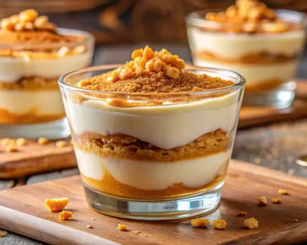 Deliciosa serradura portuguesa en capas, con galleta triturada y crema suave, servida en vasos de vidrio sobre tablas de madera.