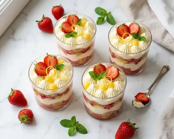 Quatre verrines de dessert fraise mascarpone, garnies de fraises fraîches, de menthe et de zeste de citron.