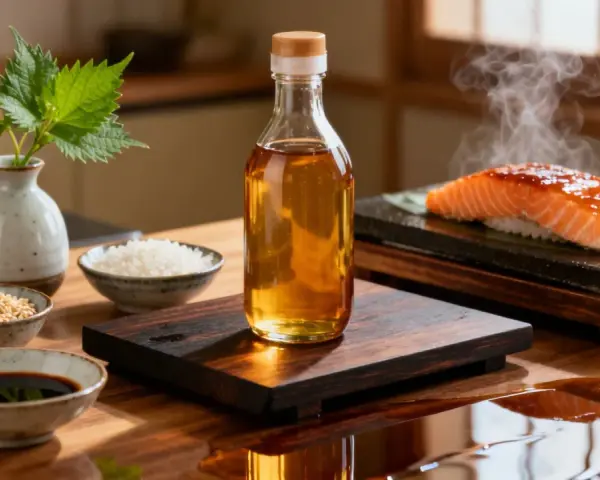 Butelka z płynnym złotem, czyli mirin, stoi obok składników do sushi. To klucz do smaku!