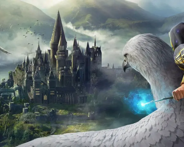 Un hipogrifo con un mago a bordo vuela hacia el castillo de Hogwarts, quizás buscando a quien fundo Hogsmeade.