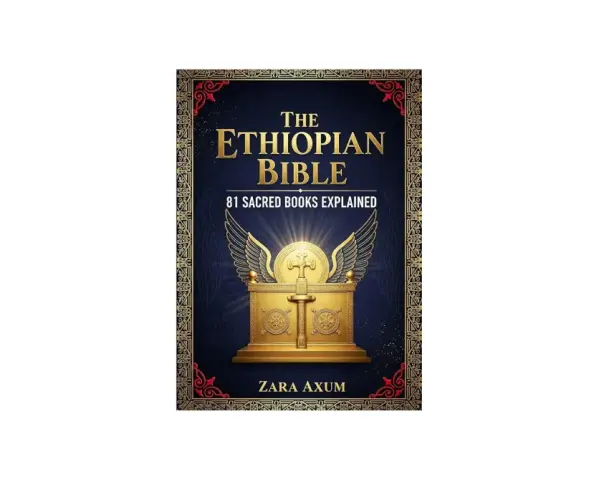 Book cover for "The Ethiopian Bible: 81 Sacred Books Explained," featuring a golden Ark of the Covenant with wings.