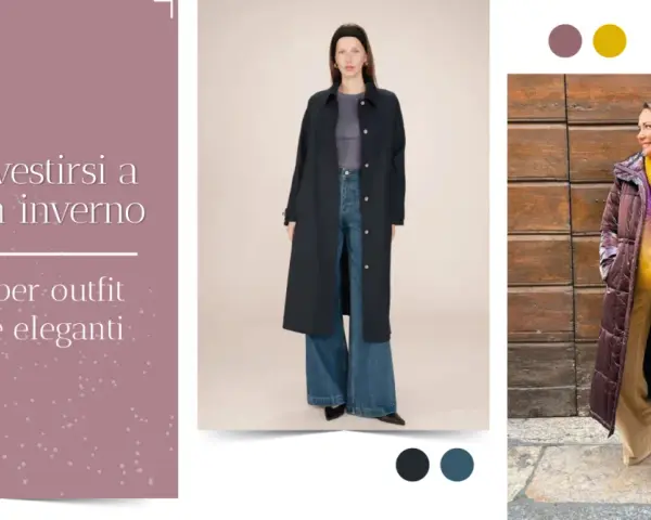 Guida per vestirsi a strati in inverno con outfit eleganti. Due donne mostrano come creare look chic con cappotti lunghi e maglioni colorati.