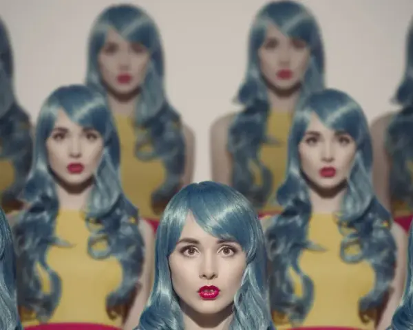 Mehrere Frauen mit blauen Perücken und roten Lippen scheinen sich zu klonen, eine surreale Szene.