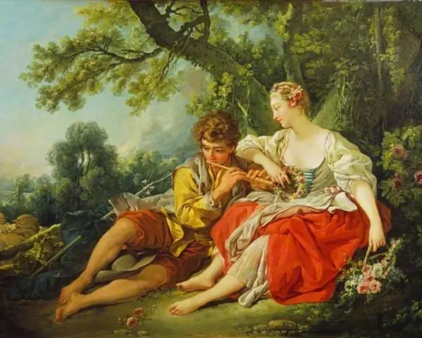 Un jeune homme joue de la flûte pour une jeune femme, entourés de roses et de moutons. Style rococo.