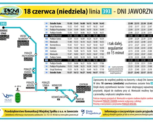 MPK Jaworzno rozkład jazdy linii 393 na 18 czerwca (niedziela). Kursy co 15 minut.