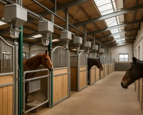 Chevaux dans des boxes modernes, avec mangeoires automatiques. Le prix d'un manège 60x20 est peut-être abordable pour un tel confort.