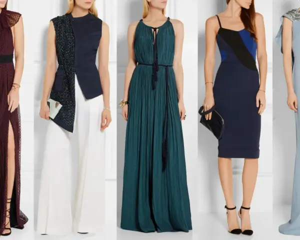 Cinque abiti eleganti per un matrimonio serale: dal bordeaux con spacco al blu notte, idee su come vestirsi.