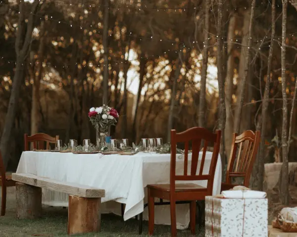 A beautifully set table in a forest clearing, ready for the reception and care of guests. String lights twinkle above, and a floral centerpiece graces the linen-covered table.