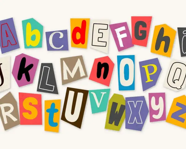 Abecedario mayúsculas y minúsculas letra escolar. Las letras del abecedario, cortadas de revistas, forman un collage colorido y divertido.