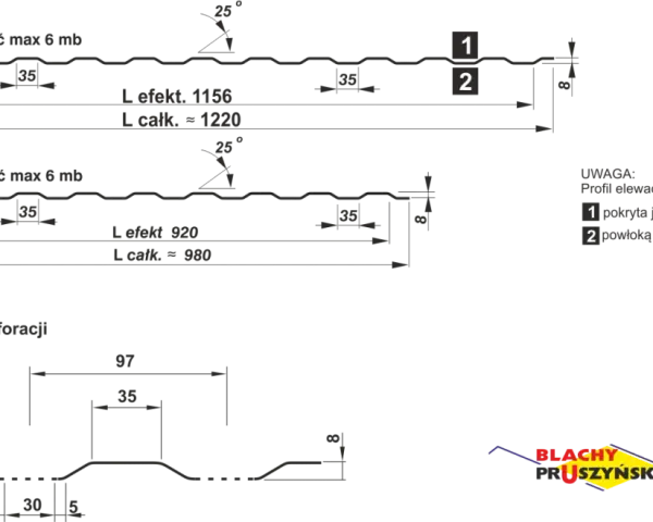 Schemat blachy trapezowej z wymiarami: szerokość 97, 62, 35 mm, grubość 0,50-0,70 mm, długość max 6 mb.