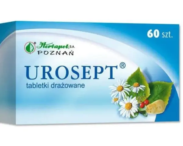 Opakowanie Uroseptu, tabletek drażowanych z rumiankiem i żurawiną, 60 szt. Bezpieczny wybór dla kobiet w ciąży.