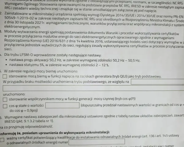Dokument opisuje wymagania dla mikroinstalacji, w tym nastawy dla trybu LFSM-O i regulacji mocy biernej. Wzmiankowany jest licznik dwukierunkowy.