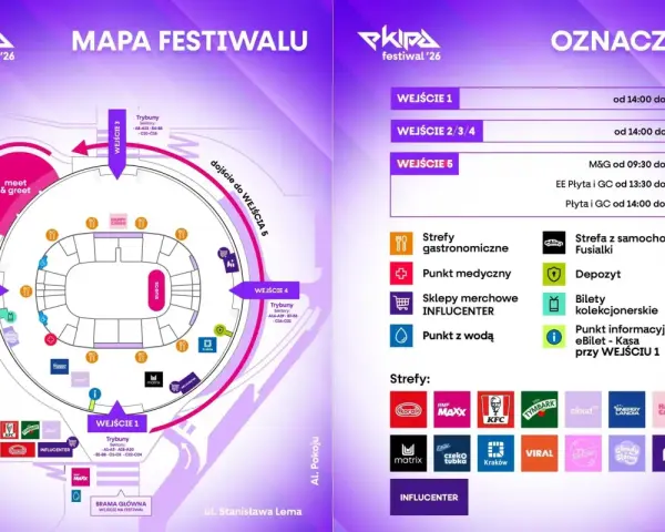 Mapa festiwalu z oznaczeniami wejść, stref gastronomicznych, punktów medycznych i innych udogodnień.