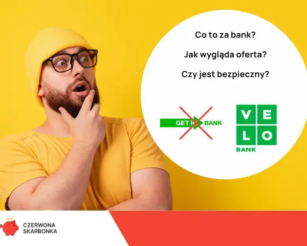 Zaskoczony mężczyzna zastanawia się, czy Velo Bank jest bezpieczny. Obok pytania o bezpieczeństwo banku widnieje logo Velo Bank.