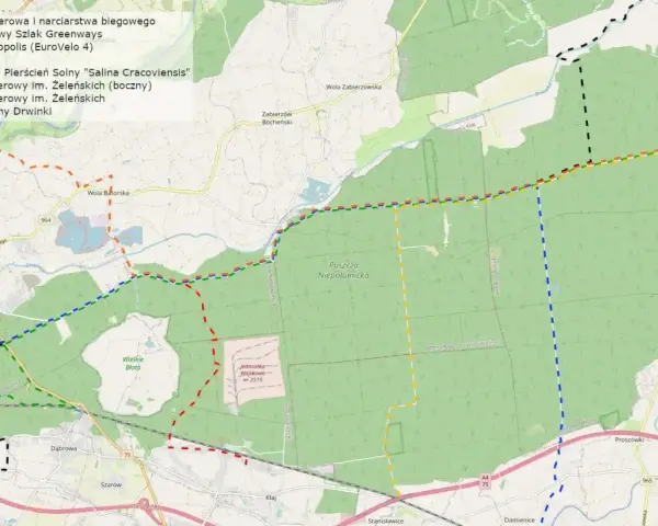 Mapa szlaków rowerowych w okolicach Niepołomic i Puszczy Niepołomickiej. Widać tu m.in. Bursztynowy Szlak Greenways i Szlak Doliny Drwinki.