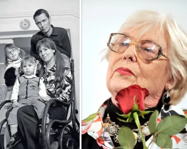 Adrianna Godlewska z rodziną na starym zdjęciu i jako starsza pani z różą.