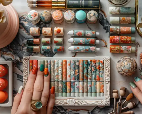 Manucure inspirée d'un mariage bohème : des ongles aux motifs floraux et colorés, assortis à des tubes de maquillage et des boules décoratives.