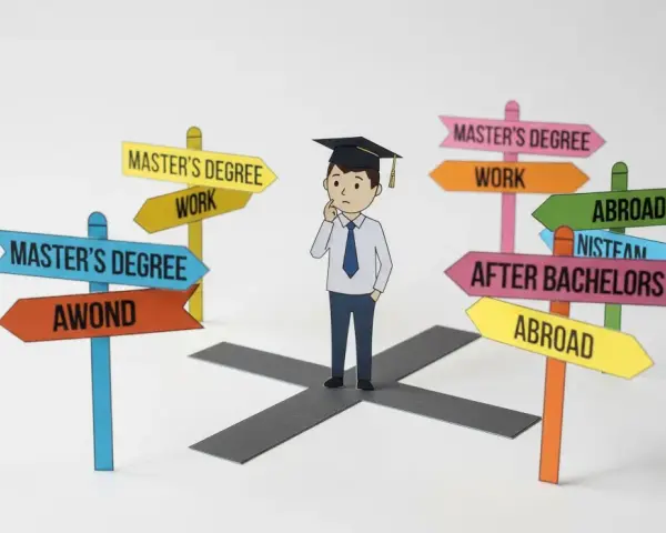 Ragazzo con tocco pensa a un bivio con cartelli: "Master's Degree", "Work", "Abroad", "After Bachelors". Si può fare un master senza laurea?