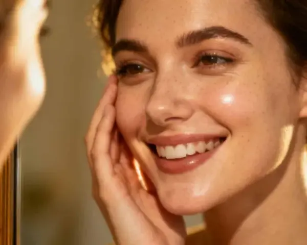 Un sourire radieux, une peau éclatante et des taches de rousseur. Elle se touche le visage, savourant le bien-être d'une peau hydratée en profondeur.