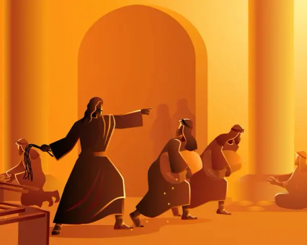 Jesus, with a whip, drives out merchants from the temple. This scene illustrates why Jesus flipped tables, angered by the commercialization of sacred space.