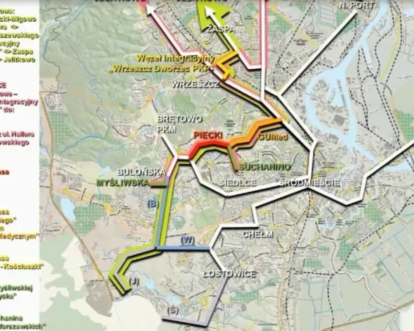 Mapa komunikacyjna z zaznaczonymi trasami, w tym 126 rozkład jazdy Banino. Kolorowe linie pokazują połączenia między dzielnicami.