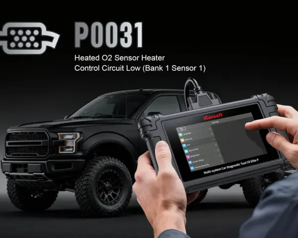 Diagnosing a P0031 code: Heated O2 Sensor Heater Control Circuit Low on a black truck with an iCarsoft diagnostic tool.