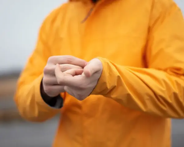 Persona se frota las manos dentro de una chaqueta naranja brillante. El poliéster da calor y protege del frío.