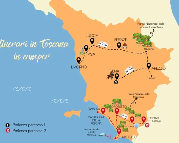 Mappa di itinerari in Toscana in macchina, con tappe a Lucca, Pisa, Firenze, Siena, Arezzo, Grosseto e la costa.