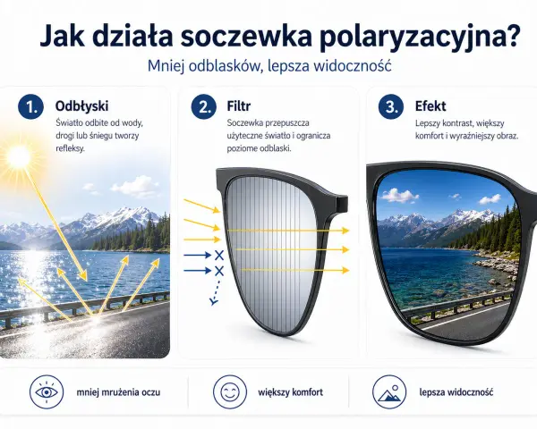 Ilustracja pokazuje, jak soczewka polaryzacyjna redukuje odblaski, poprawiając widoczność. Działanie polaryzacji eliminuje refleksy, zapewniając lepszy komfort.