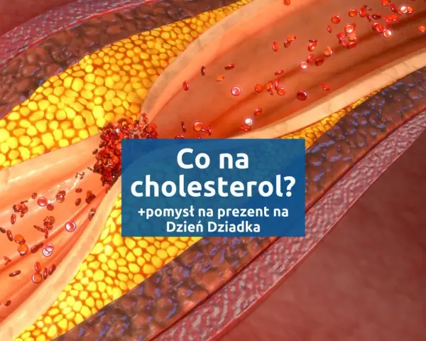 Przekrój naczynia krwionośnego z widocznym złogiem miażdżycowym i czerwonymi krwinkami. Napis: "Co na cholesterol? +pomysł na prezent na Dzień Dziadka".