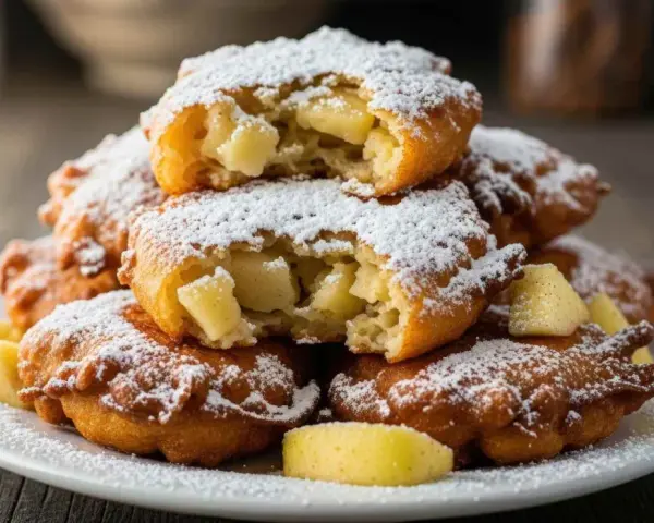 Buñuelos de manzana dorados y esponjosos, espolvoreados con azúcar glas. Un bocado dulce y crujiente.