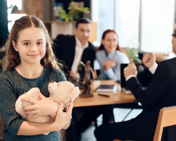 Uśmiechnięta dziewczynka z misiem w ramionach, podczas gdy rodzice i prawnik omawiają zmianę nazwiska dziecka.