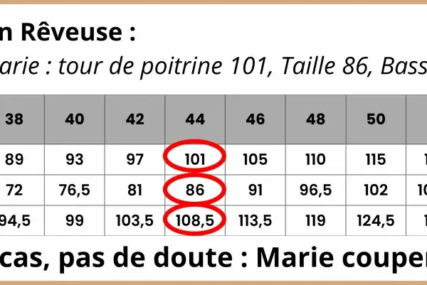 Tableau mensuration pour le patron Rêveuse. Marie mesure 101 cm de poitrine, 86 cm de taille, 108 cm de bassin. Elle choisira la taille 44.